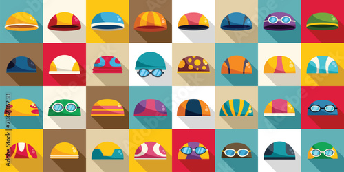 Swimming cap icons set flat vector. Swim pool dive. Swimmer mask