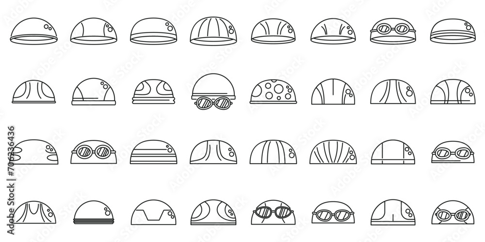 Swimming cap icons set outline vector. Swim pool dive. Swimmer mask Swimming cap icons set outline vector. Swim pool dive. Swimmer mask
