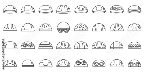 Swimming cap icons set outline vector. Swim pool dive. Swimmer mask photo