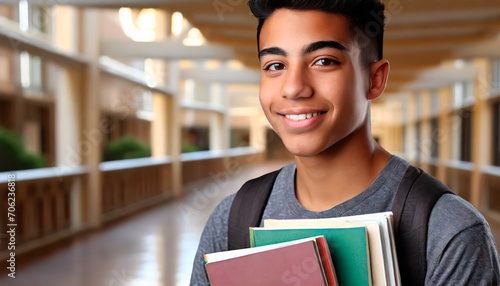 Estudiante de bachillerato latino en pasillo de escuela photo