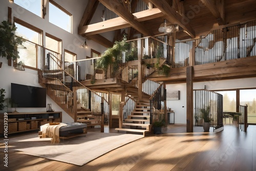 Achieve an organic and elegant farmhouse interior design, with the focal point being a beautifully crafted wooden staircase. © Muhammad