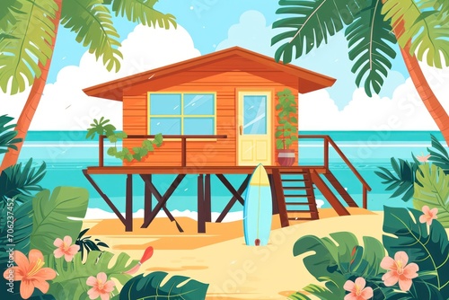 Bungalow on a beach with surfboards on the deck. Palm trees in the background and floral decoration. Summer house on the sand  exotic tropical scene.Vector illustration in flat cartoon style