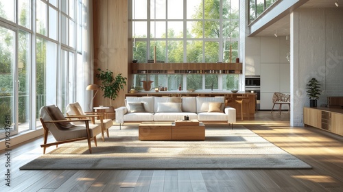 Modern Minimal clean contemporary living room white walls wood furniture home interior design daylight background,beige sofa couch in living room daylight from window freshness moment mock up interior