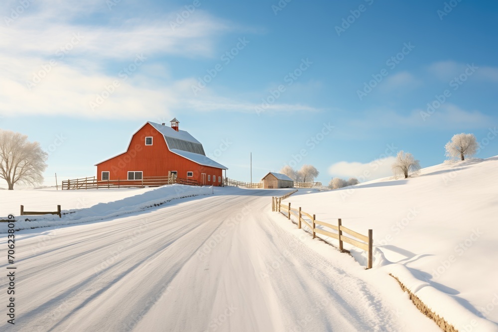 red barn seen from a snowy rural road curve