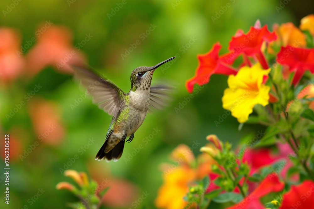 Hummingbird Hovering in Vibrant Flower Garden Hummingbird Hovering in Vibrant Flower Garden