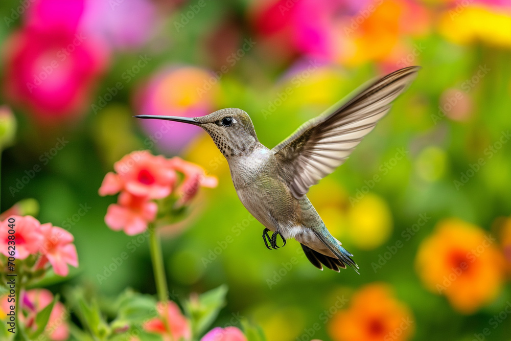 Naklejka premium Hummingbird Hovering in Vibrant Flower Garden
