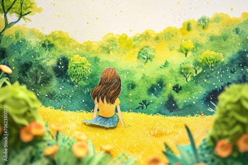 Cute watercolor paniting of a little girl in nature background. photo