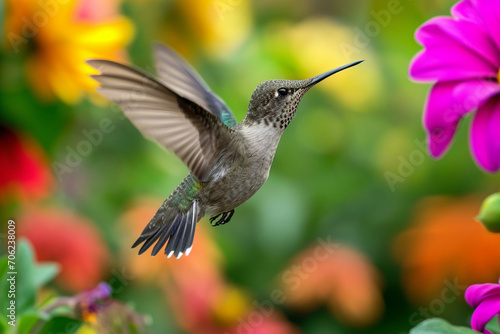 Hummingbird Hovering in Vibrant Flower Garden