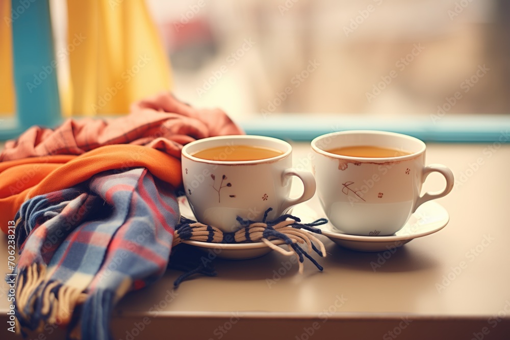 two teacups connected by a cozy scarf two teacups connected by a cozy scarf