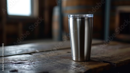 A stainless steel tumbler placed on a wooden table for promotional purposes. Blank space is available for customization photo