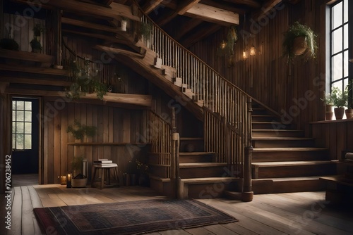 Incorporate loft-inspired elements into the farmhouse interior design, featuring a wooden staircase that adds a touch of urban sophistication. © Muhammad