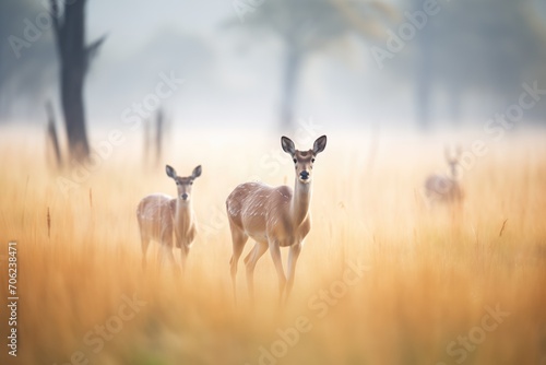 antelopes in misty african grassland