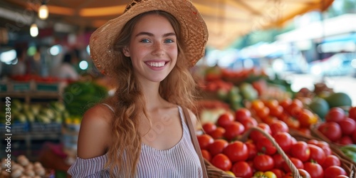 Beautiful happy woman with basket in hands showing fresh tomato look at the camera at local market © Attasit
