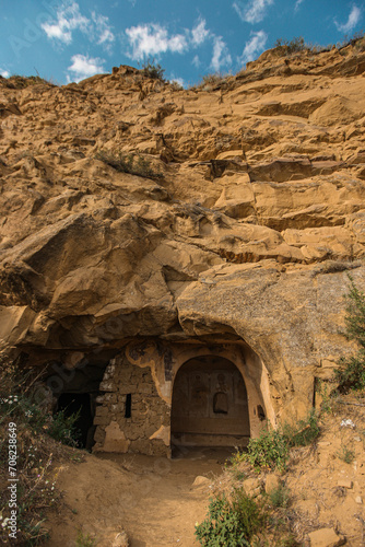 One of the many sanctuary points or churches carved in stone in David Gareji monastery in Georgia, close to border to Azerbaijan. photo