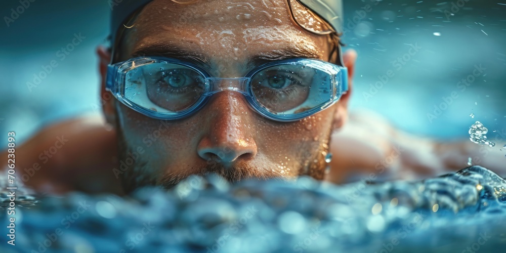 Face of professional man swimmer swimming in the water