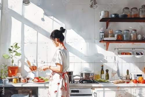 Cute watercolor painting of woman do homemade cooking cozy home. photo