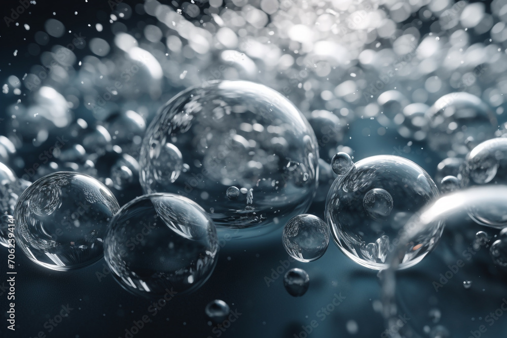 Graphic resources, nature concept. Close-up macro view of transparent ice or glass bubbles background with copy space