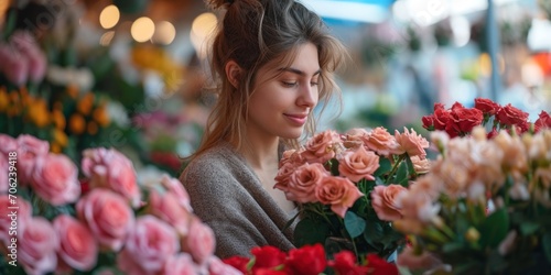 Woman is choosing roses and flowers at farmers market
