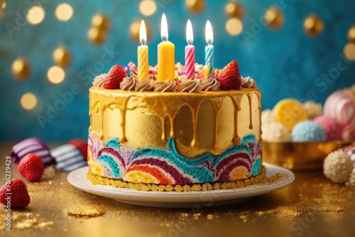 Colorful birthday cake on a gold background. Revel in the opulence of this celebration as the vibrant colors of the cake dance in harmony with the golden radiance.