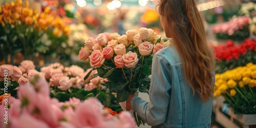 Woman is choosing roses and flowers at farmers market © Attasit