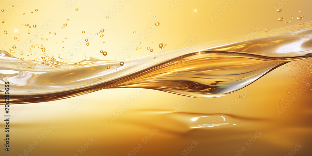 Splashes and drops of liquid oil. Fresh Olive or motor engine oil nature golden colour close-up. shine yellow cosmetic oil or cosmetic essence liquid drop with background - obrazy, fototapety, plakaty 