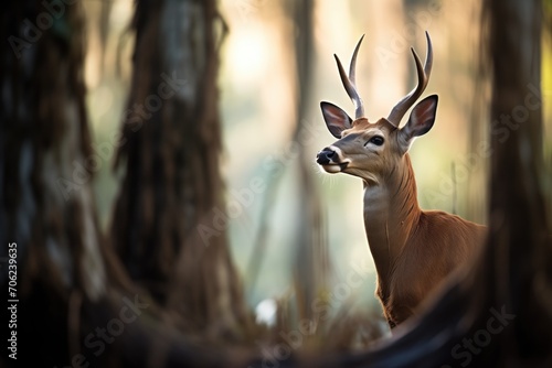 bushbuck in the shadows of towering forest trees