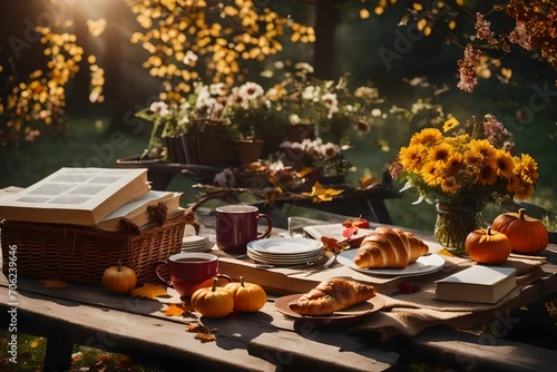 1. Illustrate a garden retreat during the autumn season, highlighting a bouquet, a croissant, a cup of tea or coffee, and books arranged on a charming table.