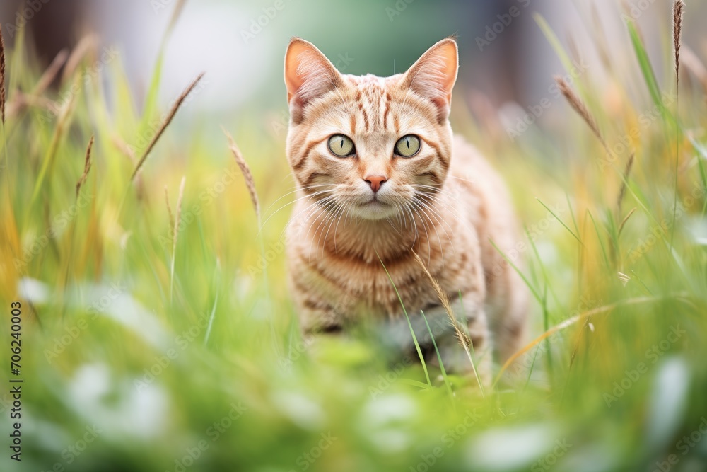 tabby cat crouched in grass, ready to jump