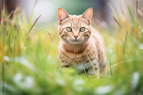 tabby cat crouched in grass, ready to jump © primopiano
