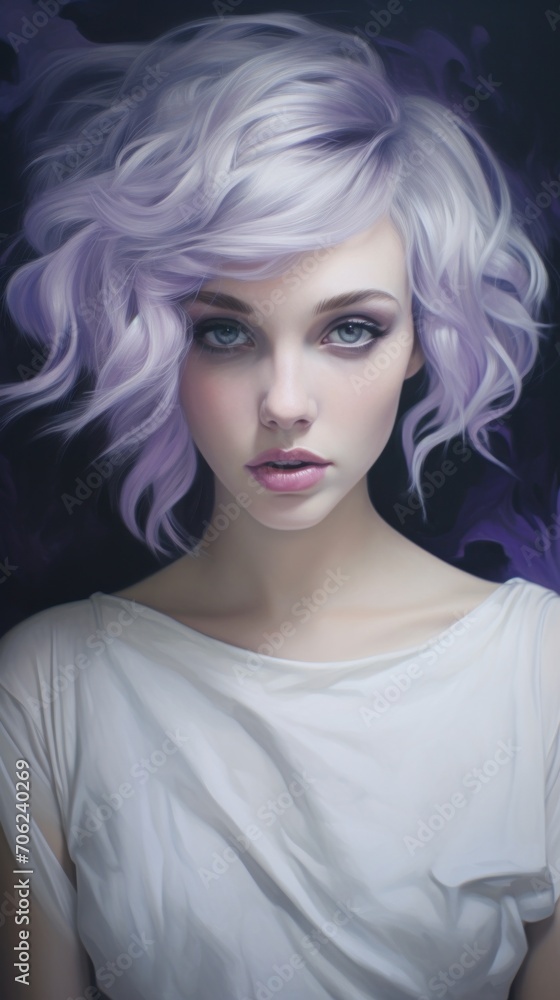 A painting of a woman with purple hair A painting of a woman with purple hair