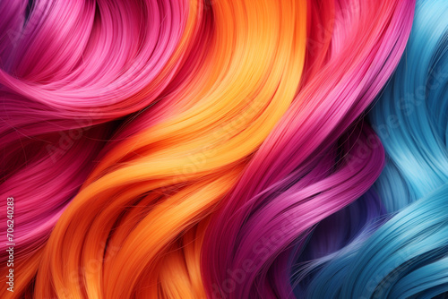 Beauty, fashion, make-up and hairstyle concept. Set of various dyed human hair colorful vivid strands background with copy space. Macro close-up view