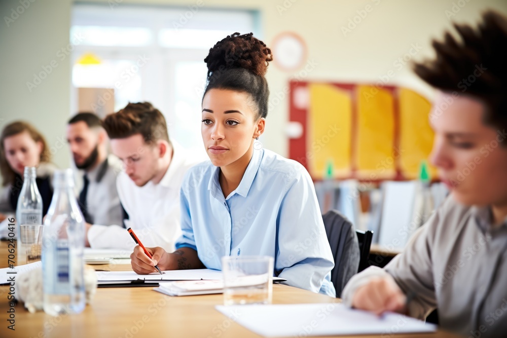 young jury pretending to deliberate with notes and pens young jury pretending to deliberate with notes and pens