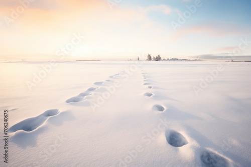 footprints weaving through a snow field © primopiano
