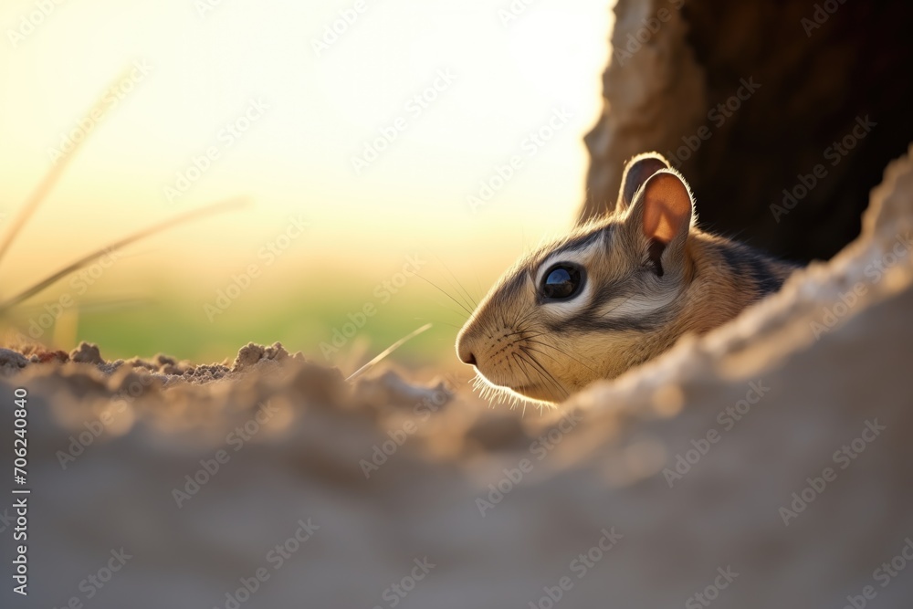 chipmunk silhouette in burrow entrance at twilight chipmunk silhouette in burrow entrance at twilight