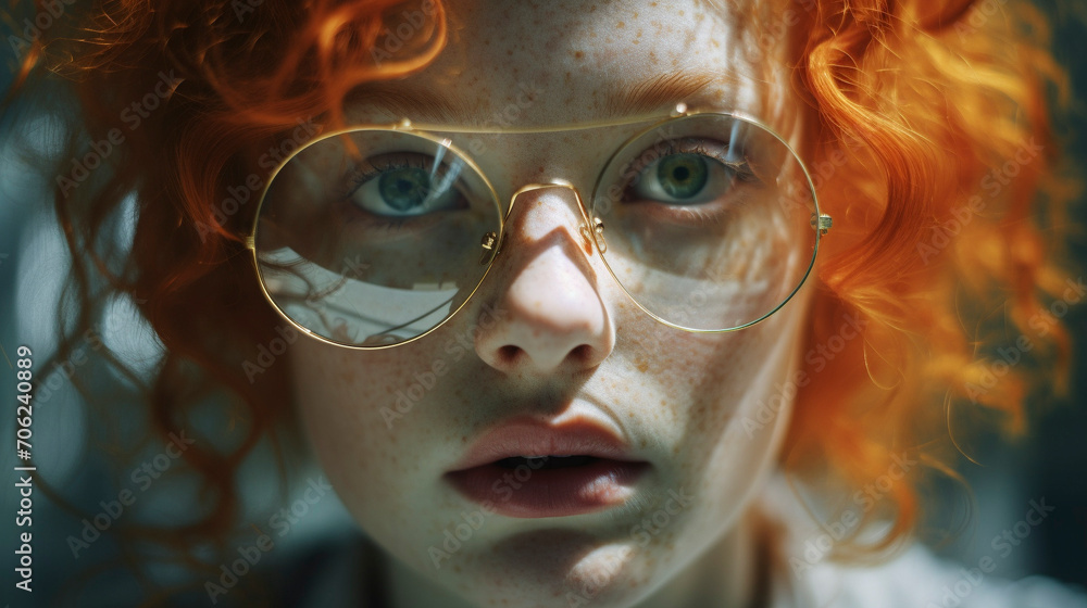 Stylish Vision: Close-up of a Redhead Beauty in Round Glasses, Generative AI Stylish Vision: Close-up of a Redhead Beauty in Round Glasses, Generative AI