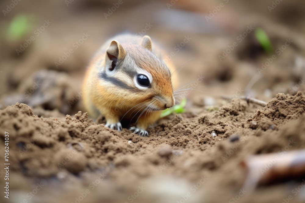 chipmunk clearing debris from around its burrow chipmunk clearing debris from around its burrow
