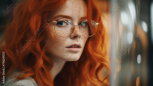 Glamorous Gaze: Redheaded Model in Close-up with Round Glasses, Generative AI