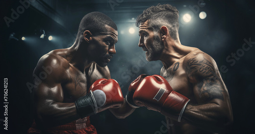 Boxer Man with Sparring Partner on Ring Background