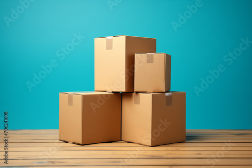 Pile of various size taped up cardboard boxes isolated on turquoise blue background. © Rattanapon