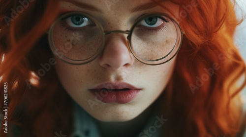 Stylish Vision: Close-up of a Redhead Beauty in Round Glasses, Generative AI