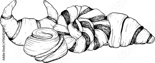 Pastry croissants and cinnamon chocolate braided buns vector graphic ink illustration for breakfast and coffee break designs. Delicious fresh food from bakery
