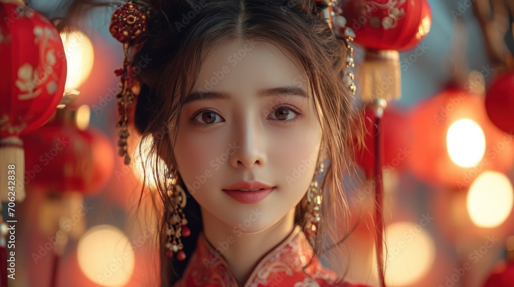 Beautiful Chinese girl wears the national costume or cheongsam on Chinese New Year with red Chinese lanterns in the background. Smile and wish you a Happy New Year Beautiful Chinese girl wears the national costume or cheongsam on Chinese New Year with red Chinese lanterns in the background. Smile and wish you a Happy New Year