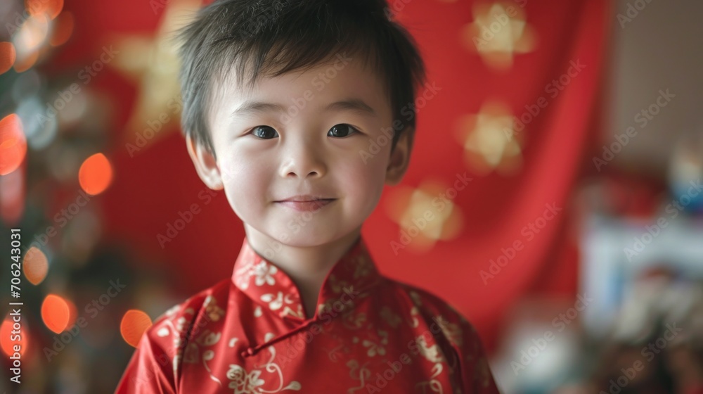 A Chinese boy wears the national costume or cheongsam with a red Chinese lantern in the background. Smile and wish you a Happy New Year.