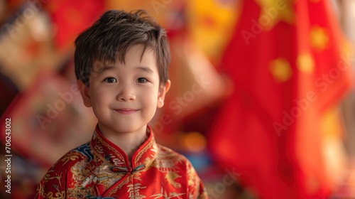 A Chinese boy wears the national costume or cheongsam with a red Chinese lantern in the background. Smile and wish you a Happy New Year.