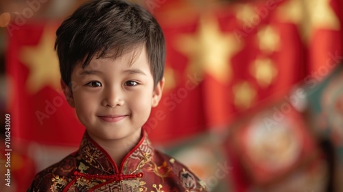 A Chinese boy wears the national costume or cheongsam with a red Chinese lantern in the background. Smile and wish you a Happy New Year.