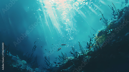 Underwater scene with sun rays filtering through