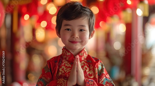 A Chinese boy wears the national costume or cheongsam with a red Chinese lantern in the background. Smile and wish you a Happy New Year.