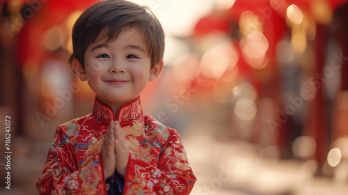 A Chinese boy wears the national costume or cheongsam with a red Chinese lantern in the background. Smile and wish you a Happy New Year.
