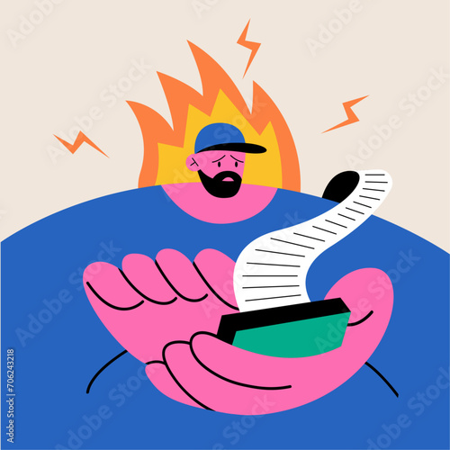 Sad men with mobile phone reading Bad News and messages on the Internet. Upset shocked scared guy with smartphones. Negative emotions. Flat vector illustration.