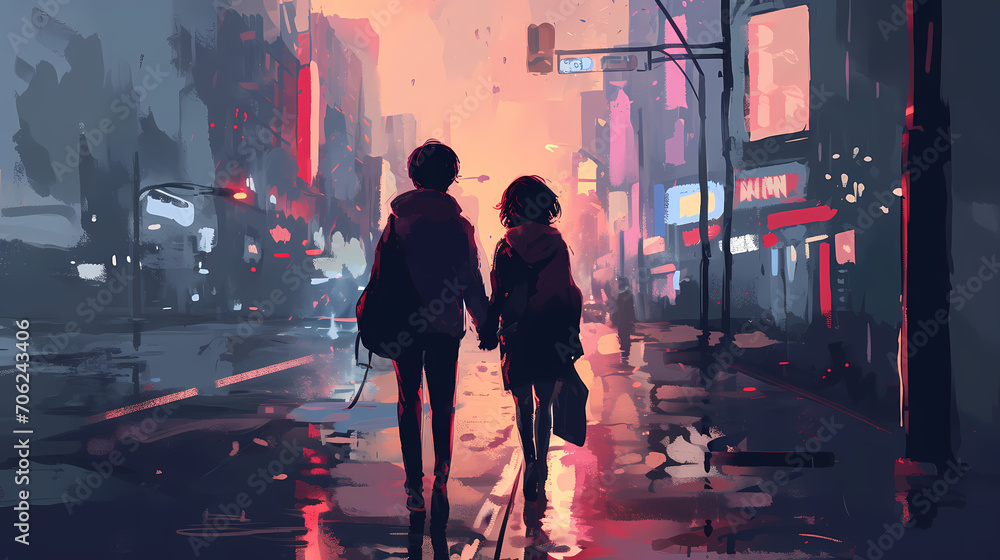 Digital painting of couple walking in rainy city at dusk